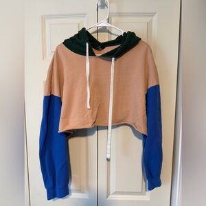 SHEIN Tri-Tone Cropped Hoodie - Forest Green, Beige, and Royal Blue